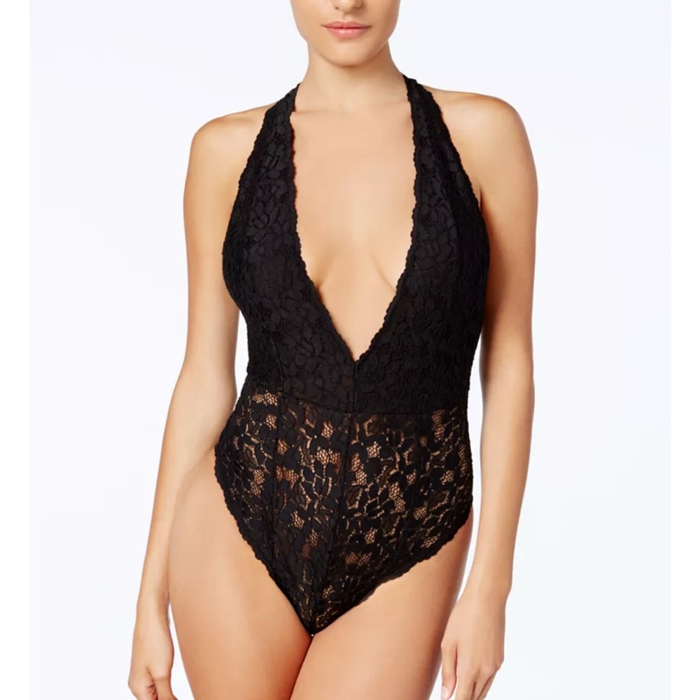 Free People Avery Sheer Lace Bodysuit Black